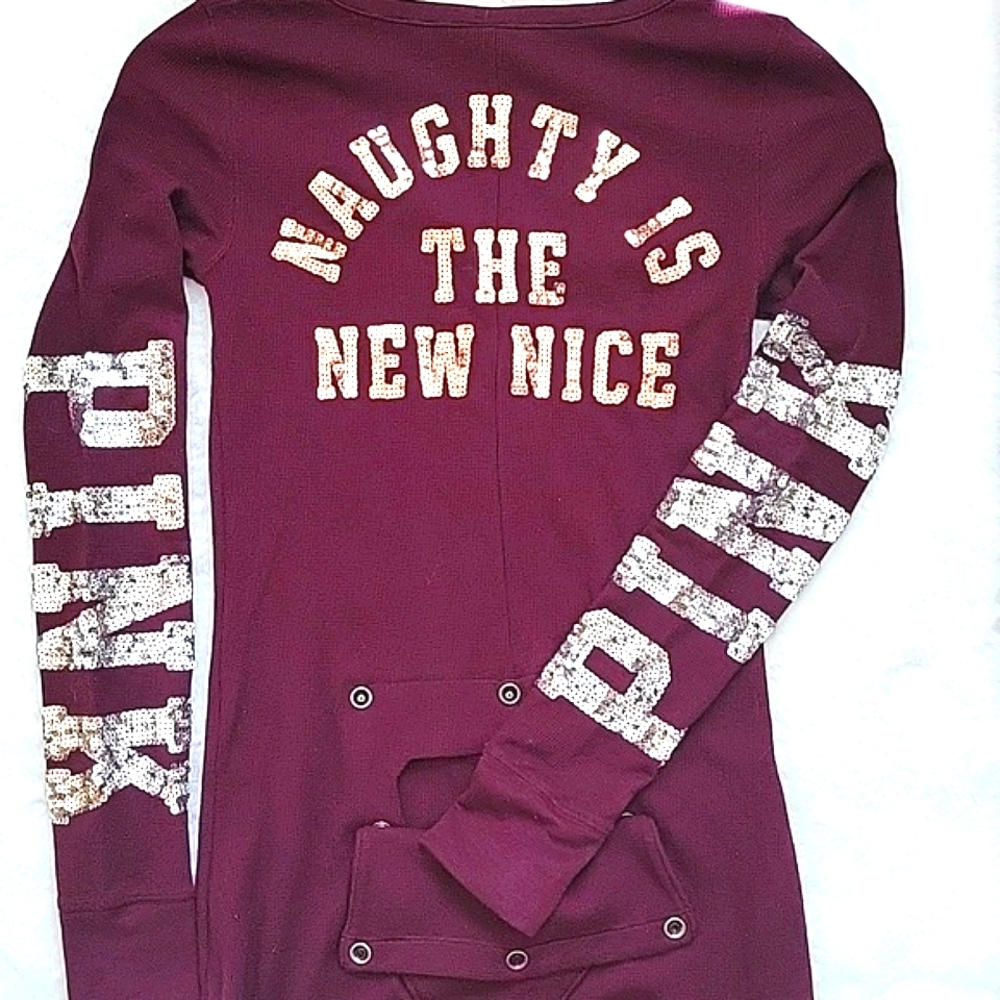 Victorias Secret PINK Pajama Onesie, Sequin Naughty Is The New Nice, Purple Red
